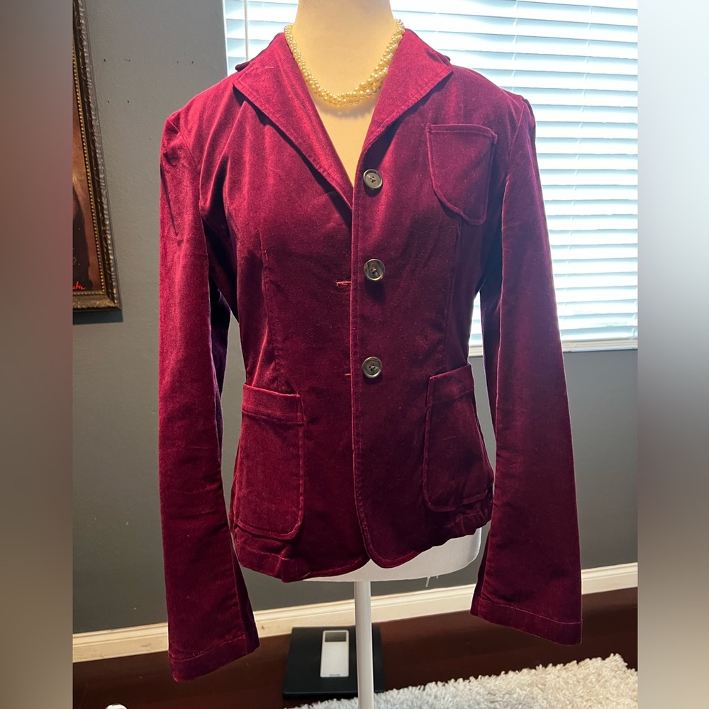 Lands' End Burgundy Velvet Blazer Elegant Suit Blazer With Pockets. EUC.